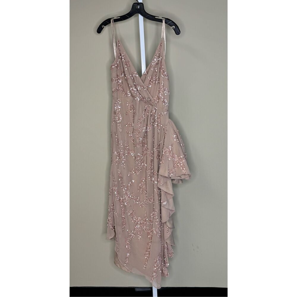 Mac Duggal NWT Sequined Faux Wrap Ruffle Asymmetrical Hem Dress in Mocha Size 14 - Picture 4 of 8